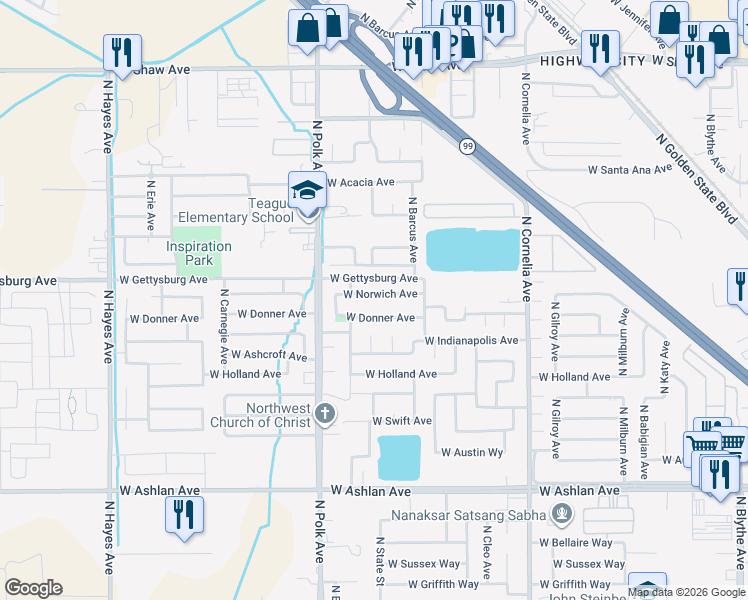 map of restaurants, bars, coffee shops, grocery stores, and more near 5402 West Donner Avenue in Fresno