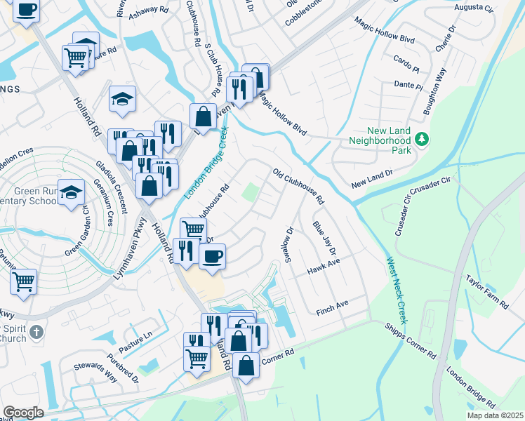 map of restaurants, bars, coffee shops, grocery stores, and more near 3208 Spruce Pine Road in Virginia Beach