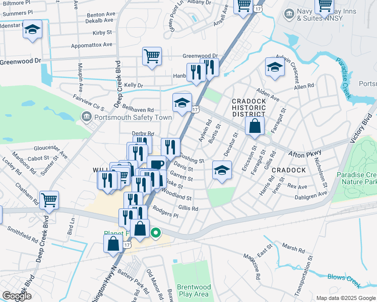 map of restaurants, bars, coffee shops, grocery stores, and more near 16 Connor Place in Portsmouth