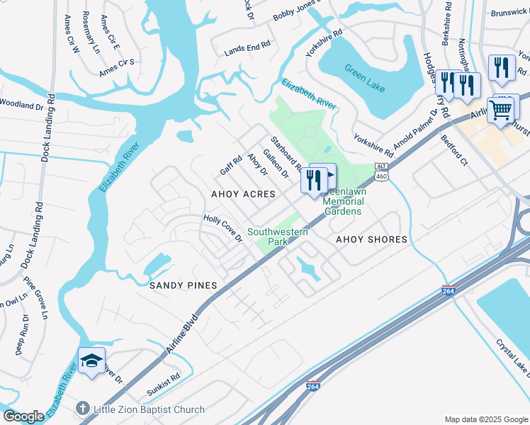 map of restaurants, bars, coffee shops, grocery stores, and more near 3932 Port Road in Chesapeake