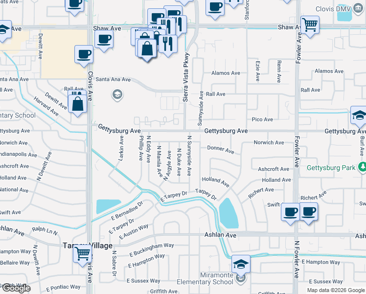 map of restaurants, bars, coffee shops, grocery stores, and more near 4501 North Duke Avenue in Fresno