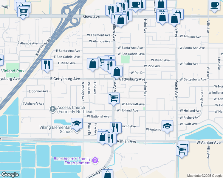 map of restaurants, bars, coffee shops, grocery stores, and more near 127 Willow Avenue in Clovis