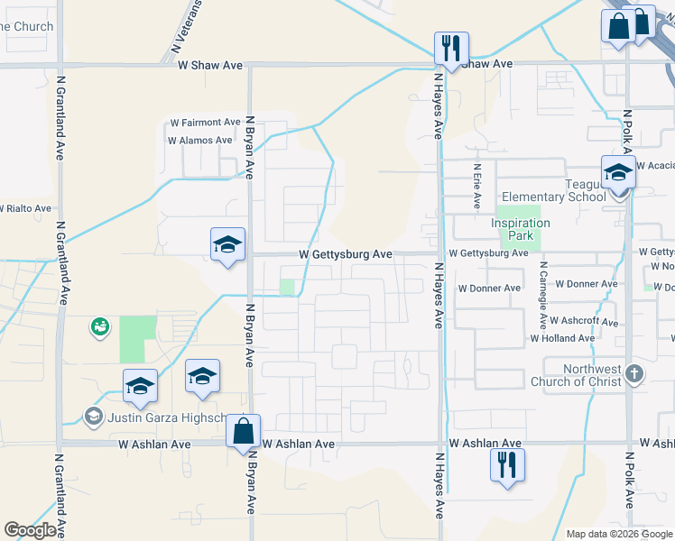 map of restaurants, bars, coffee shops, grocery stores, and more near 6297 West Donner Avenue in Fresno