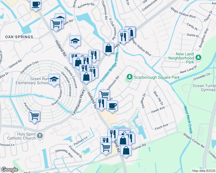 map of restaurants, bars, coffee shops, grocery stores, and more near 3233 Yorkborough Way in Virginia Beach