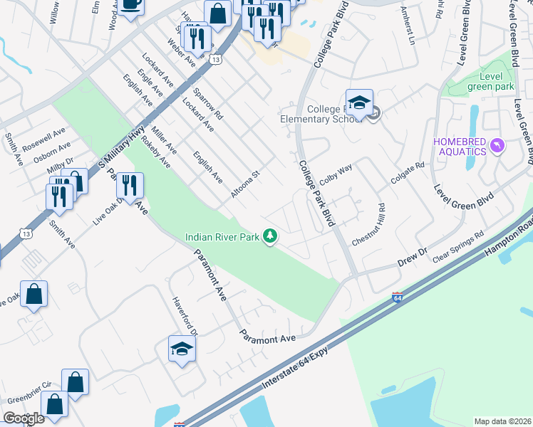 map of restaurants, bars, coffee shops, grocery stores, and more near 2312 Miller Avenue in Chesapeake