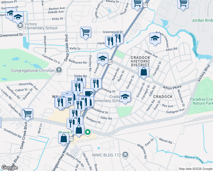 map of restaurants, bars, coffee shops, grocery stores, and more near 93 Aylwin Road in Portsmouth
