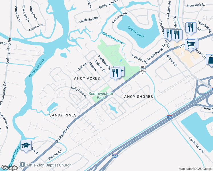 map of restaurants, bars, coffee shops, grocery stores, and more near 4000 Airline Boulevard in Chesapeake