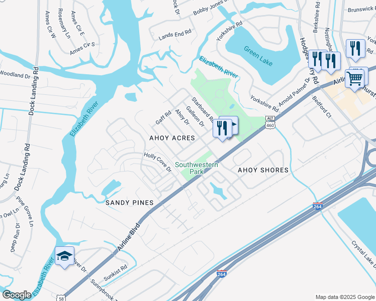 map of restaurants, bars, coffee shops, grocery stores, and more near 3932 Port Road in Chesapeake