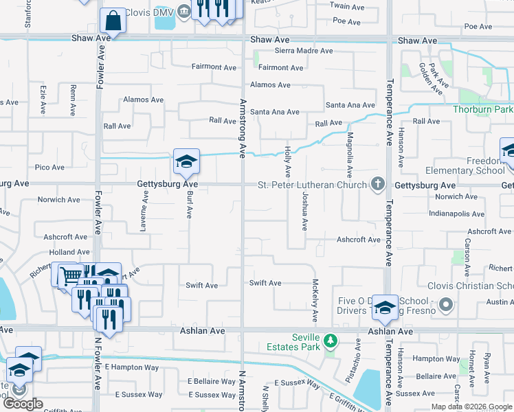 map of restaurants, bars, coffee shops, grocery stores, and more near 2237 Donner Avenue in Clovis