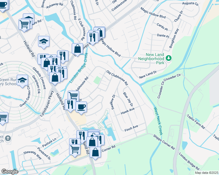 map of restaurants, bars, coffee shops, grocery stores, and more near 883 Old Clubhouse Road in Virginia Beach