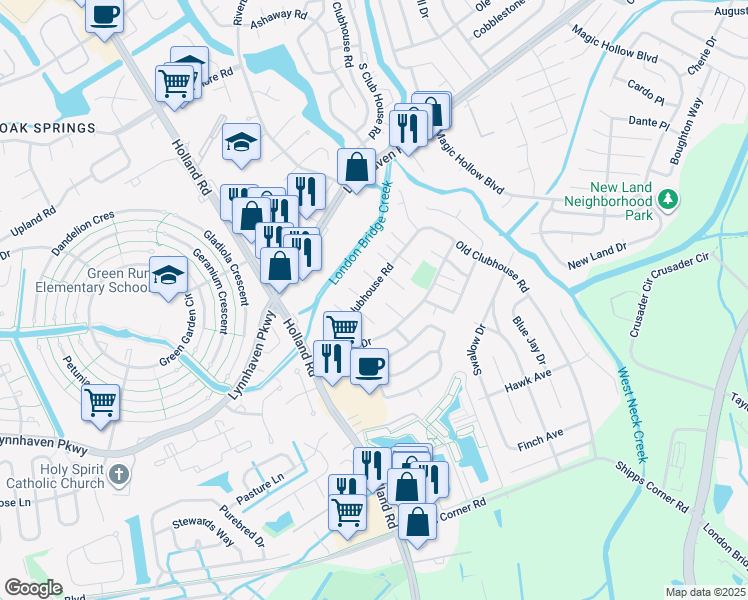 map of restaurants, bars, coffee shops, grocery stores, and more near 1140 Old Clubhouse Road in Virginia Beach