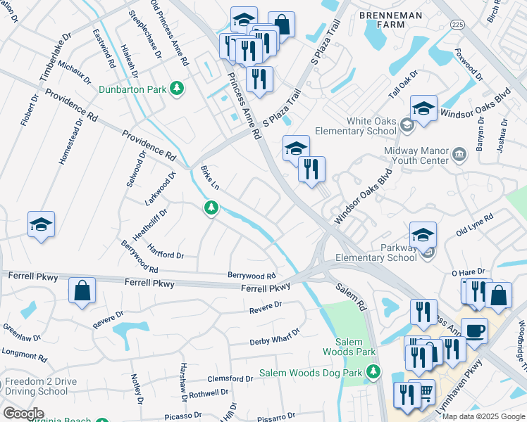 map of restaurants, bars, coffee shops, grocery stores, and more near 1168 Birks Ln in Virginia Beach