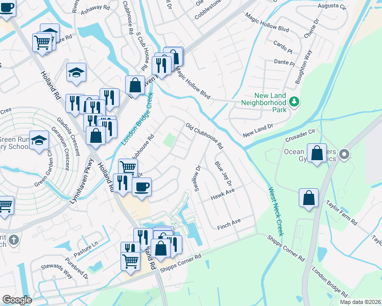 map of restaurants, bars, coffee shops, grocery stores, and more near 883 Old Clubhouse Road in Virginia Beach