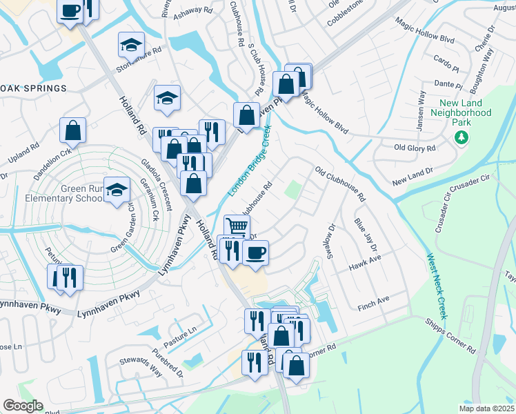 map of restaurants, bars, coffee shops, grocery stores, and more near 1140 Old Clubhouse Road in Virginia Beach