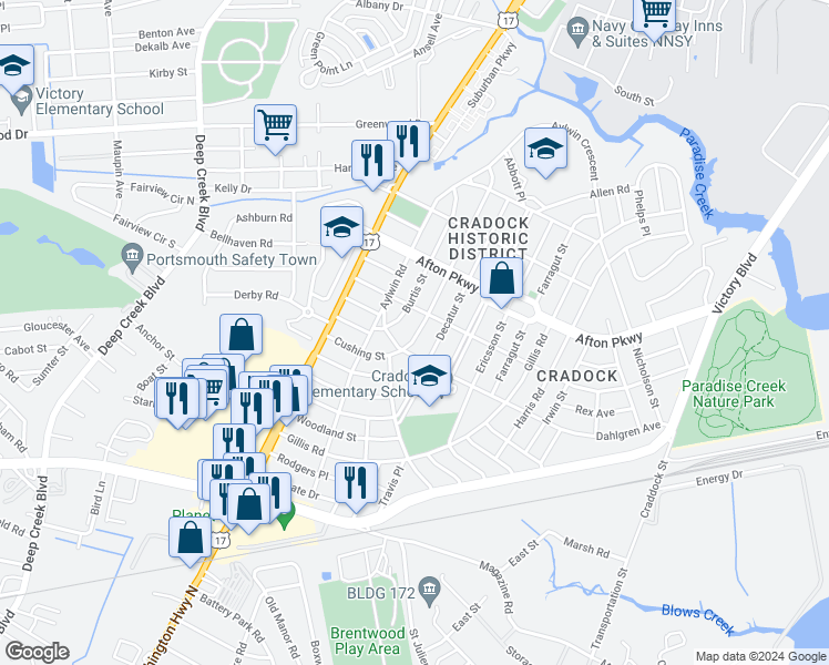 map of restaurants, bars, coffee shops, grocery stores, and more near 95 Cushing Street in Portsmouth