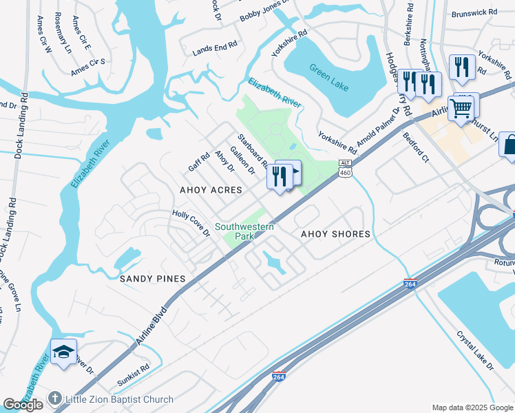 map of restaurants, bars, coffee shops, grocery stores, and more near 4000 Airline Boulevard in Chesapeake