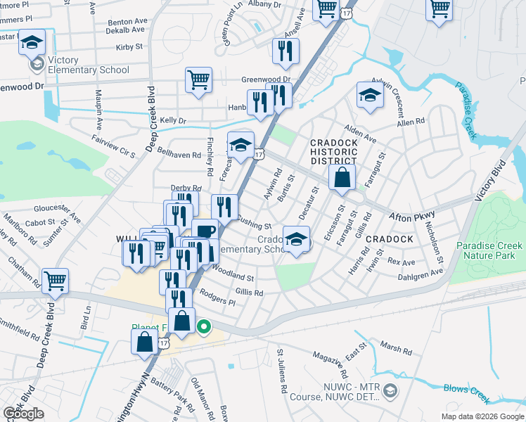 map of restaurants, bars, coffee shops, grocery stores, and more near 6 Dahlgren Avenue in Portsmouth