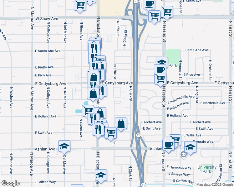 map of restaurants, bars, coffee shops, grocery stores, and more near 1898 East Gettysburg Avenue in Fresno