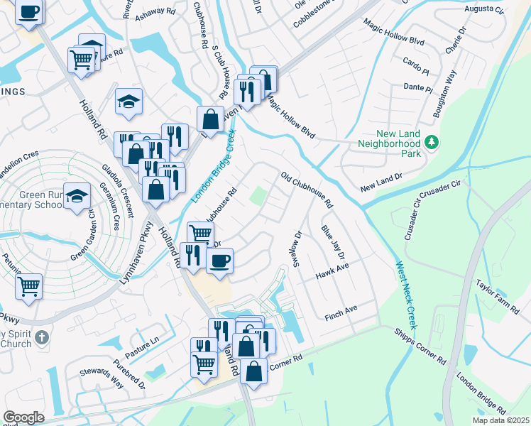 map of restaurants, bars, coffee shops, grocery stores, and more near 3201 Spruce Pine Road in Virginia Beach