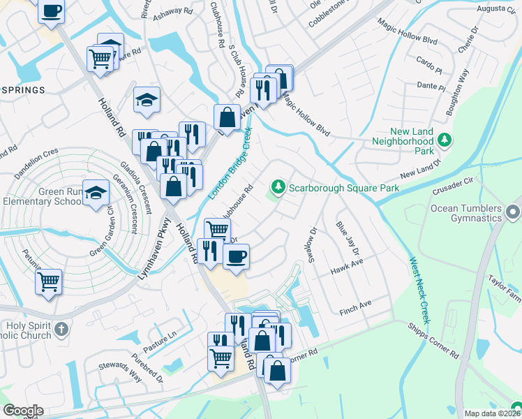 map of restaurants, bars, coffee shops, grocery stores, and more near 1184 Warwick Drive in Virginia Beach