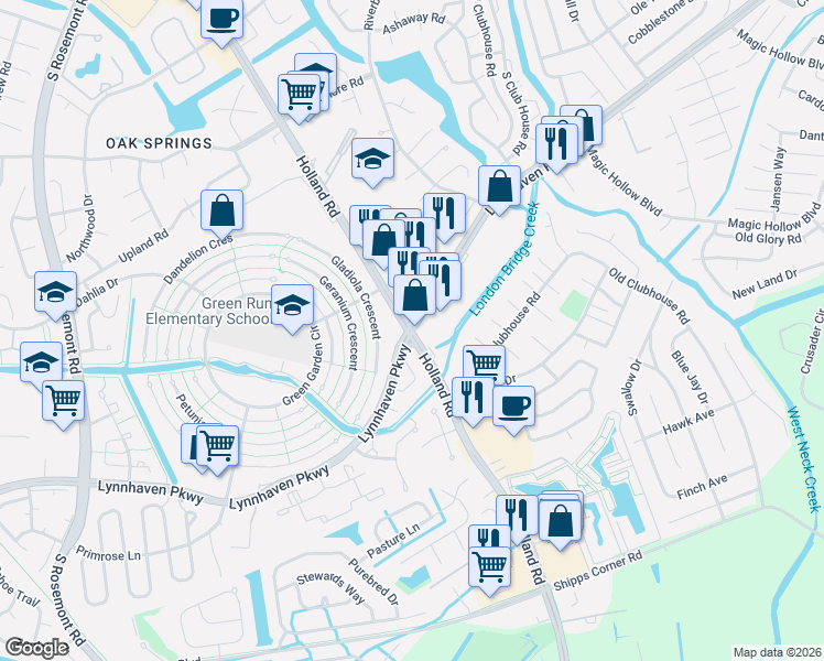 map of restaurants, bars, coffee shops, grocery stores, and more near Lynnhaven Pkwy & Holland Rd in Virginia Beach