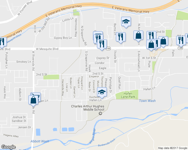 map of restaurants, bars, coffee shops, grocery stores, and more near 573 Emperor in Mesquite