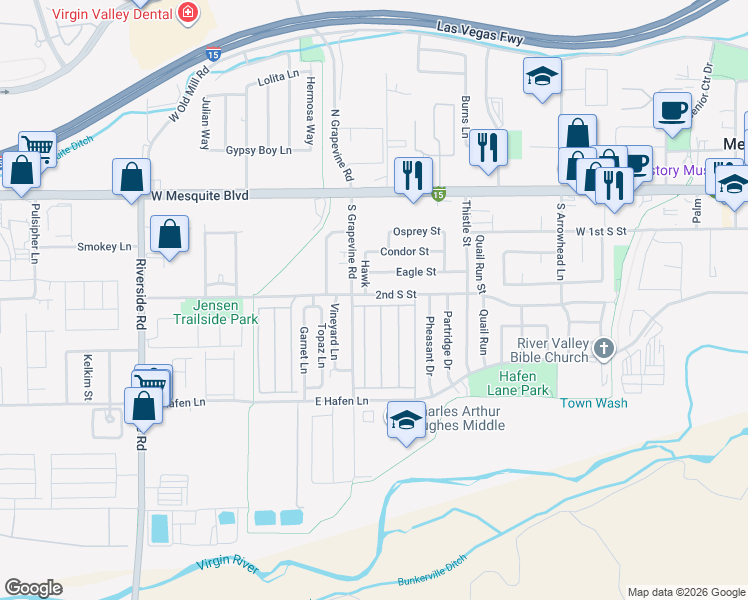 map of restaurants, bars, coffee shops, grocery stores, and more near 581 Emperor Lane in Mesquite