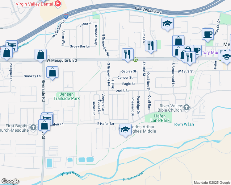 map of restaurants, bars, coffee shops, grocery stores, and more near 581 Emperor Lane in Mesquite