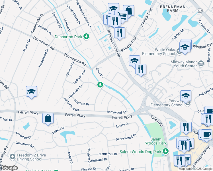 map of restaurants, bars, coffee shops, grocery stores, and more near 4656 Berrywood Road in Virginia Beach