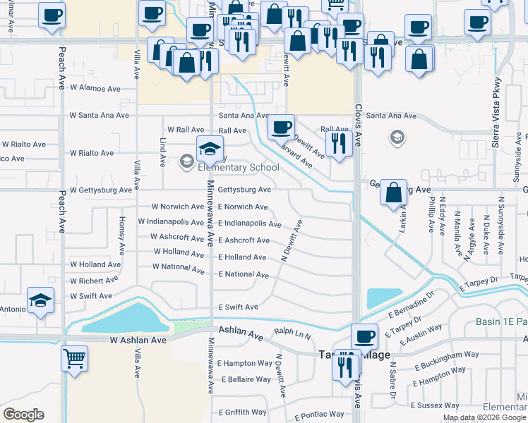 map of restaurants, bars, coffee shops, grocery stores, and more near 5468 East Indianapolis Avenue in Fresno