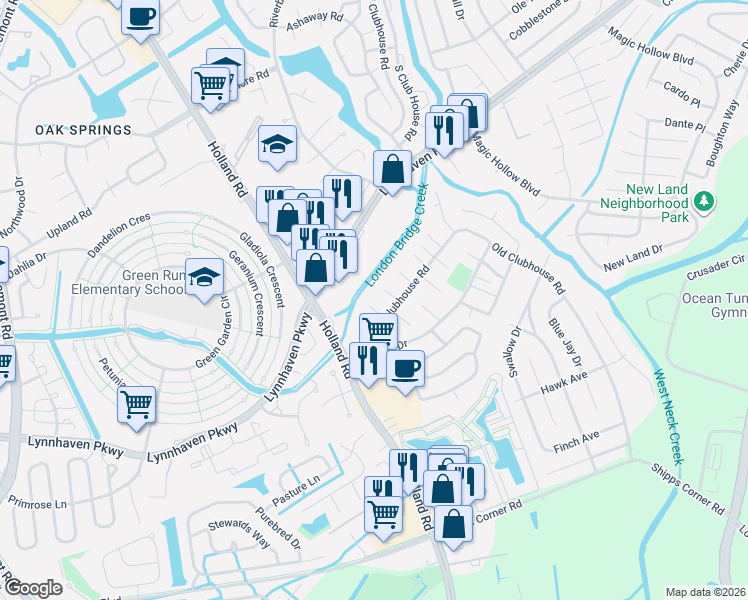 map of restaurants, bars, coffee shops, grocery stores, and more near 3233 Yorkborough Way in Virginia Beach