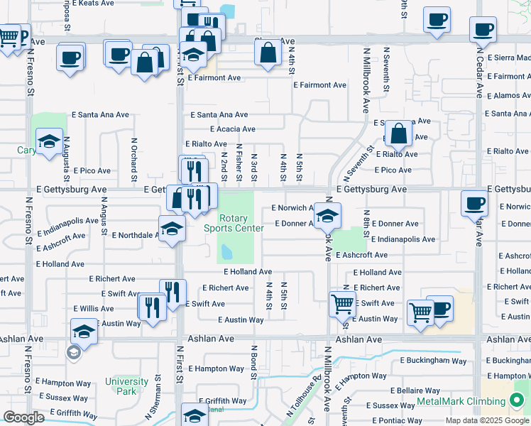 map of restaurants, bars, coffee shops, grocery stores, and more near 4505 North Bond Street in Fresno