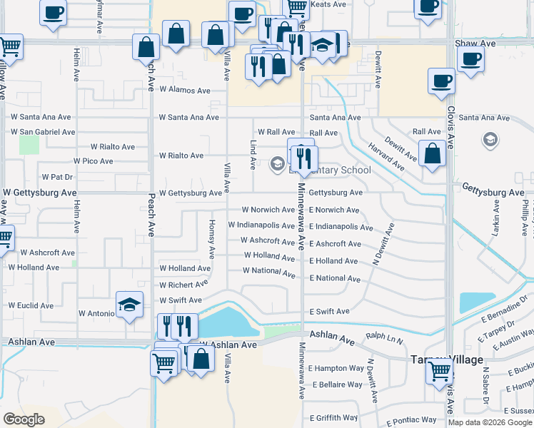 map of restaurants, bars, coffee shops, grocery stores, and more near 128 West Indianapolis Avenue in Clovis