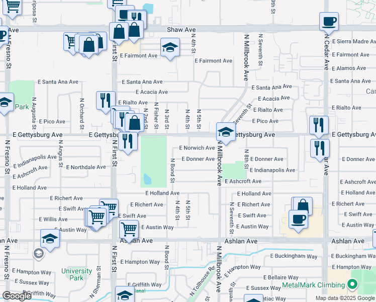 map of restaurants, bars, coffee shops, grocery stores, and more near 3480 East Donner Avenue in Fresno