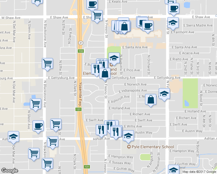 map of restaurants, bars, coffee shops, grocery stores, and more near 4506 North Fresno Street in Fresno