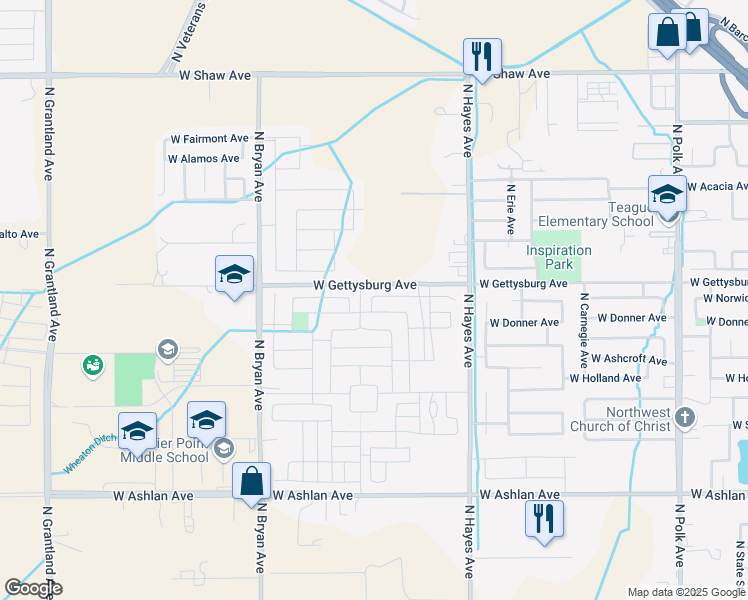 map of restaurants, bars, coffee shops, grocery stores, and more near 6209 West Donner Avenue in Fresno
