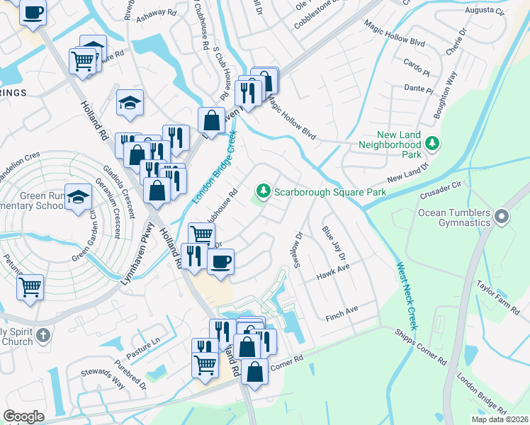 map of restaurants, bars, coffee shops, grocery stores, and more near 3201 Spruce Pine Road in Virginia Beach