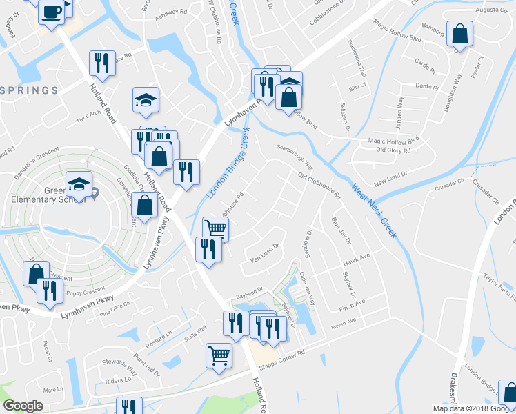map of restaurants, bars, coffee shops, grocery stores, and more near 1184 Warwick Drive in Virginia Beach
