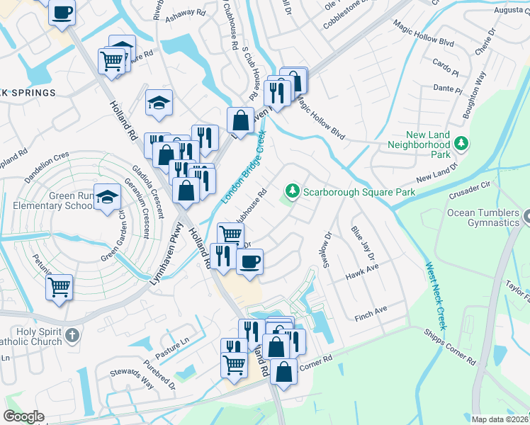 map of restaurants, bars, coffee shops, grocery stores, and more near 3210 Barlborough Way in Virginia Beach