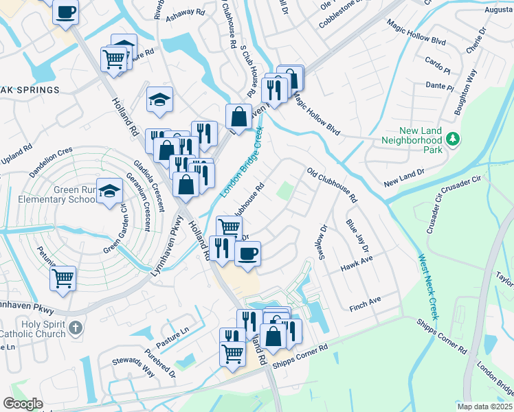 map of restaurants, bars, coffee shops, grocery stores, and more near 3210 Barlborough Way in Virginia Beach