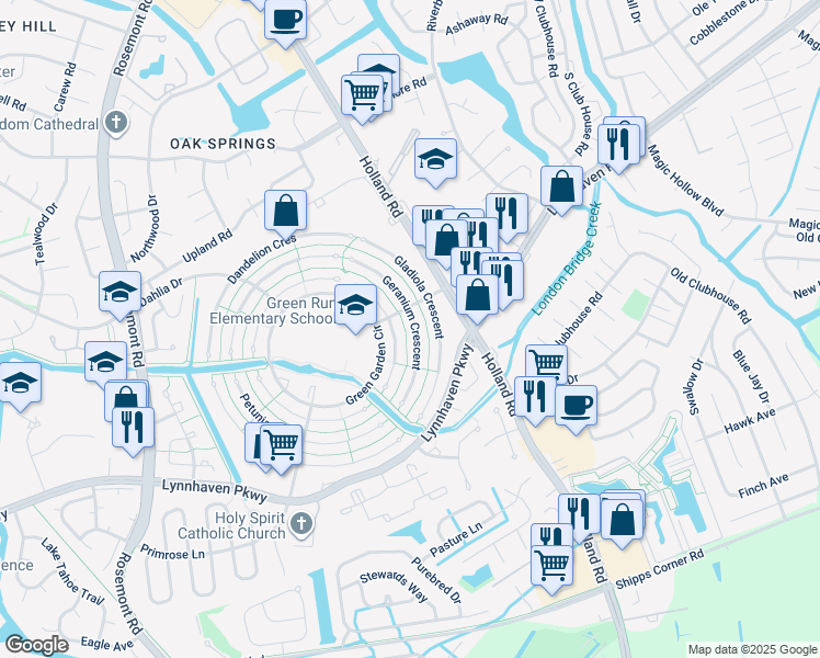 map of restaurants, bars, coffee shops, grocery stores, and more near 1217 Ginger Crescent in Virginia Beach