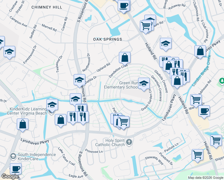 map of restaurants, bars, coffee shops, grocery stores, and more near 3549 Daffodil Crescent in Virginia Beach