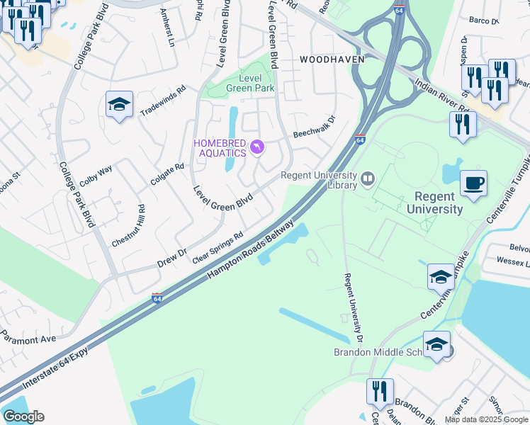 map of restaurants, bars, coffee shops, grocery stores, and more near 5911 Clear Springs Road in Virginia Beach