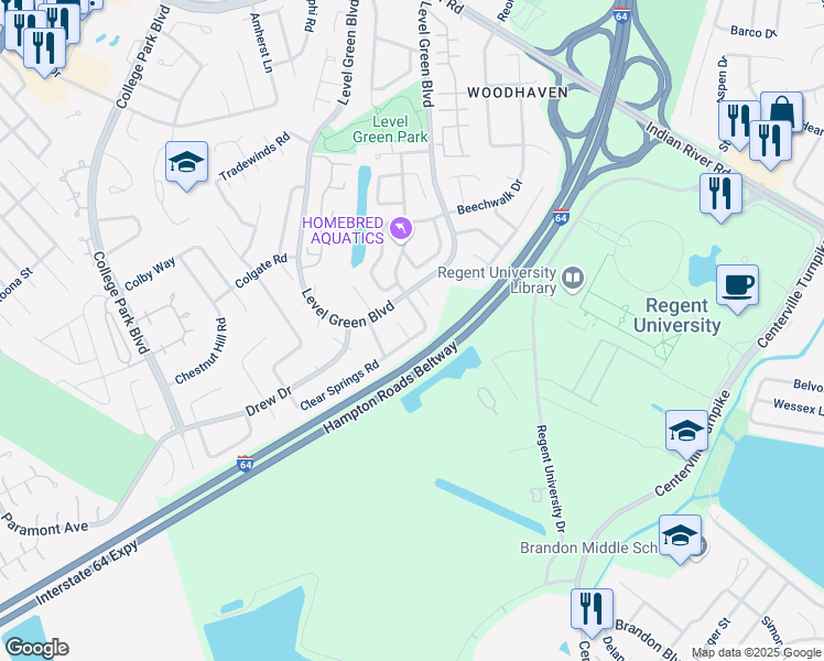 map of restaurants, bars, coffee shops, grocery stores, and more near 5911 Clear Springs Road in Virginia Beach