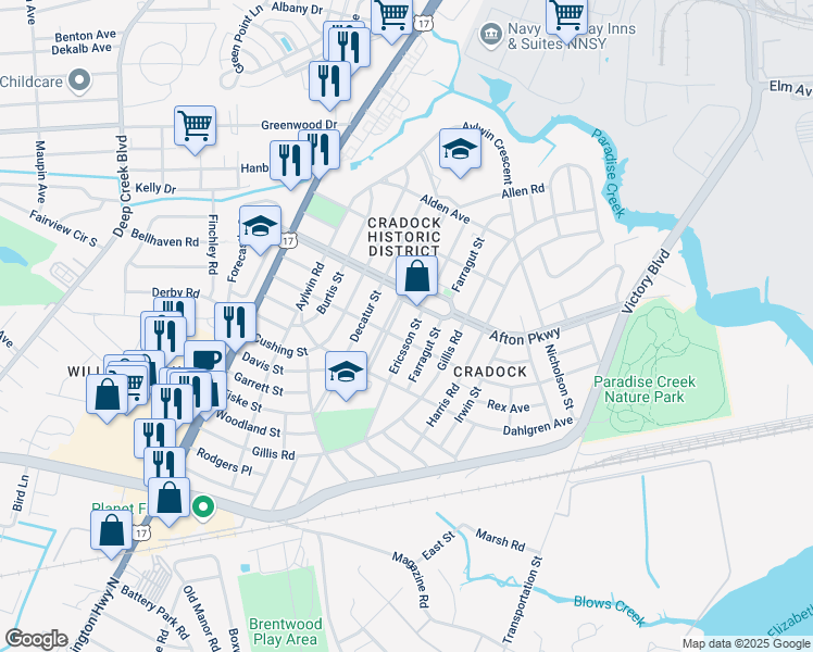 map of restaurants, bars, coffee shops, grocery stores, and more near 54 Prospect Parkway in Portsmouth