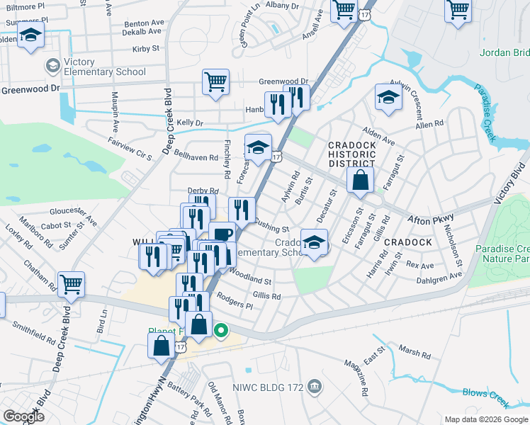 map of restaurants, bars, coffee shops, grocery stores, and more near 93 Aylwin Road in Portsmouth