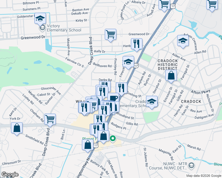 map of restaurants, bars, coffee shops, grocery stores, and more near 4500 George Washington Hwy in Portsmouth