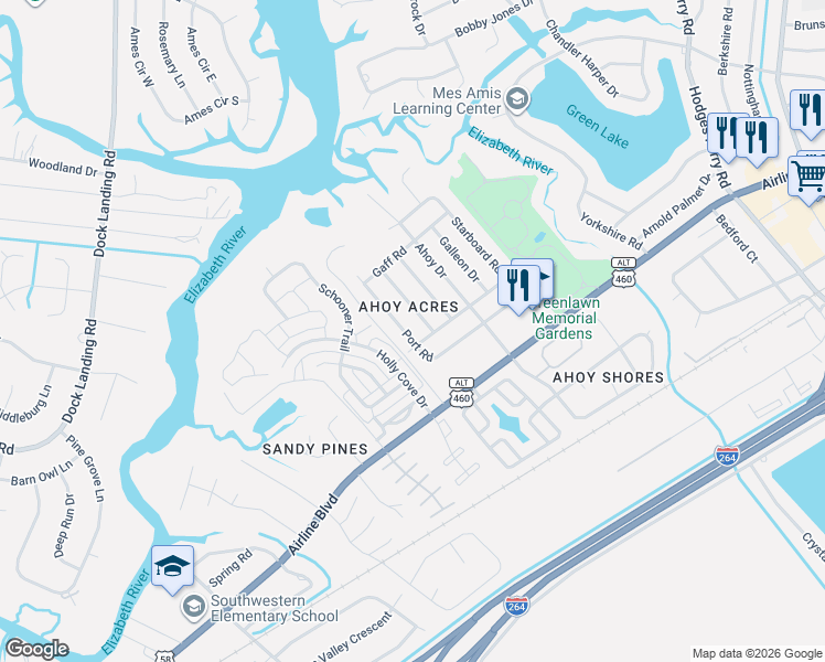 map of restaurants, bars, coffee shops, grocery stores, and more near 3932 Port Road in Chesapeake