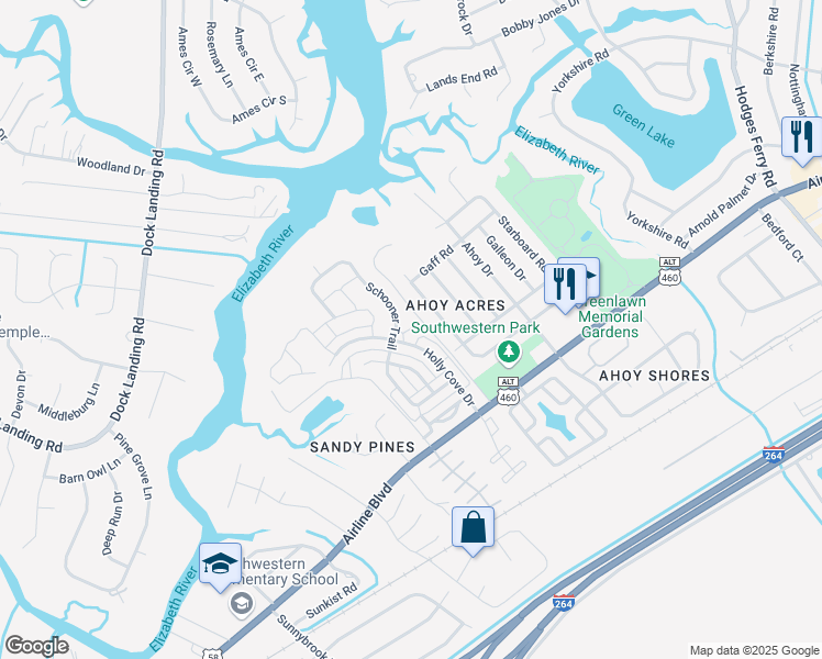 map of restaurants, bars, coffee shops, grocery stores, and more near 4069 Holly Cove Drive in Chesapeake