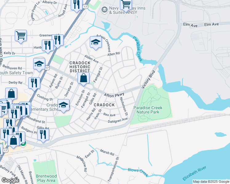 map of restaurants, bars, coffee shops, grocery stores, and more near 105 Afton Parkway in Portsmouth